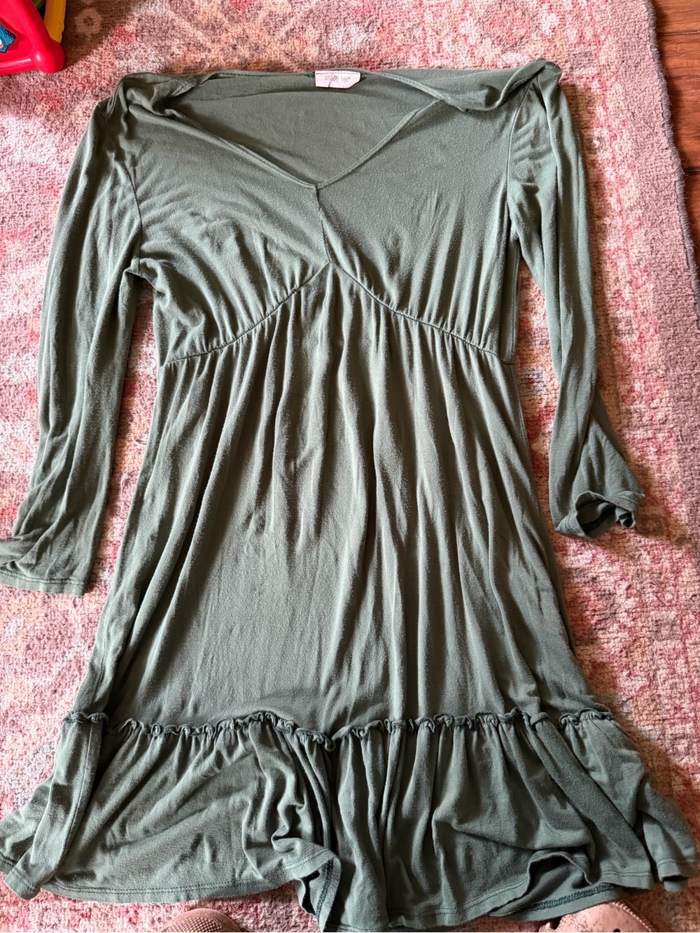 Olive Green Long-Sleeve Women’s Dress - Soft V-Neck